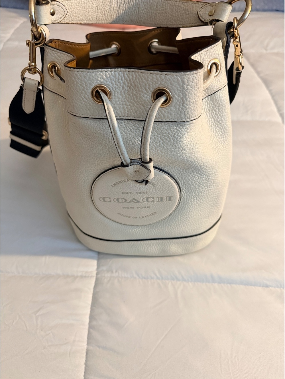 Coach White Pebbled Leather Drawstring Bucket Bag with Black